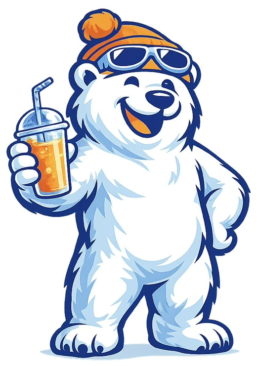 Mascote da Barni, urso-polar de gorro laranja e óculos, segurando um copo
