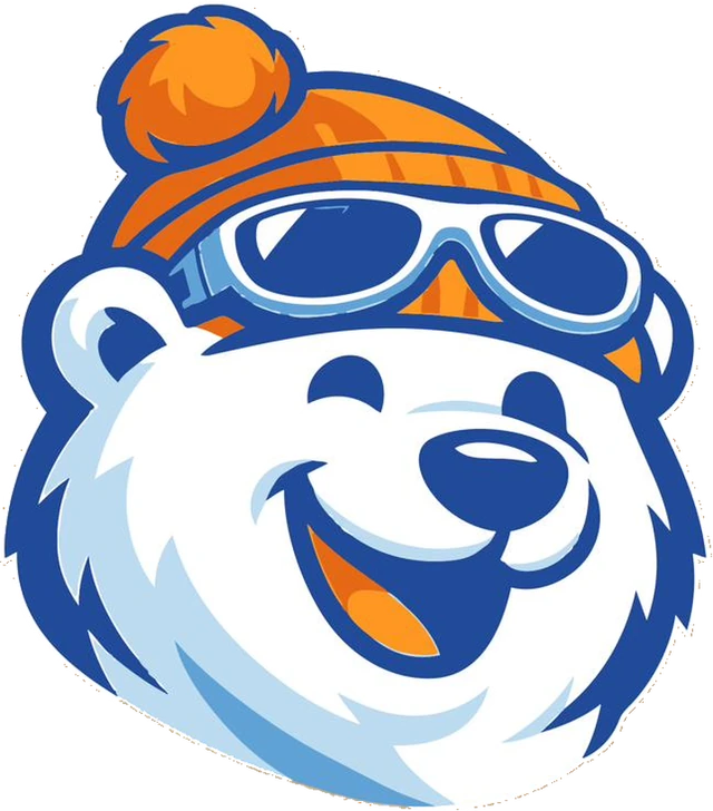 Mascote da Barni: urso-polar sorridente com gorro laranja e óculos de proteção